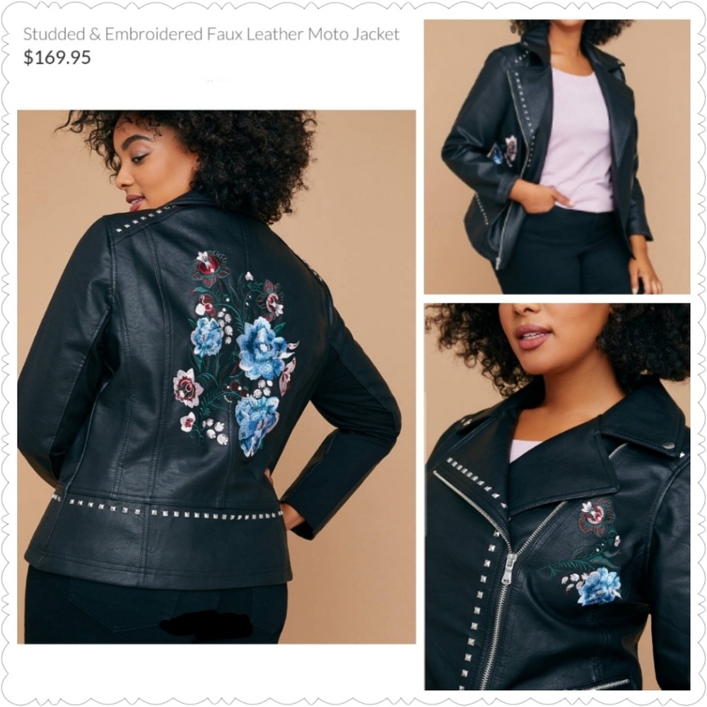 Studded & Embroidered Faux Leather Moto Jacket